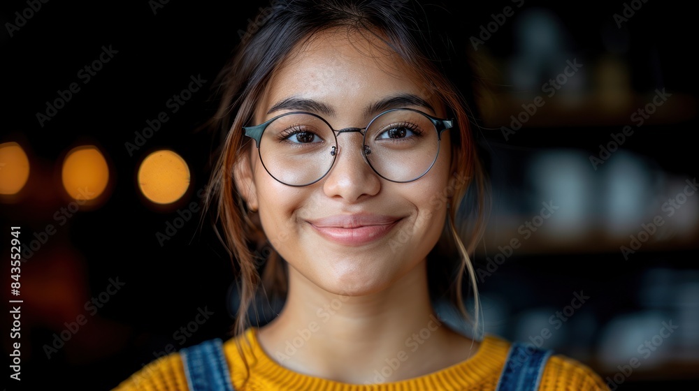 A portrait of a smiling young woman wearing glasses A portrait of a smiling young woman wearing glasses