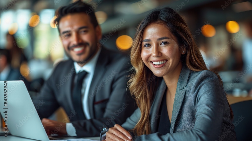 Two business professionals smiling and working on a laptop in a modern office setting Two business professionals smiling and working on a laptop in a modern office setting