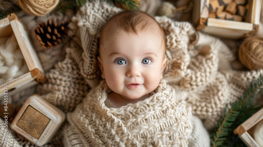 A baby is laying on a blanket with a Christmas tree ornament A baby is laying on a blanket with a Christmas tree ornament