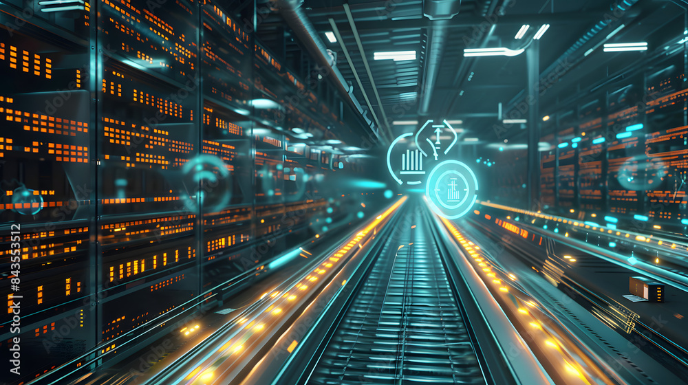 Fototapeta premium 3D rendering of a digitalized smart warehouse with a glowing digital data stream on a conveyor belt 