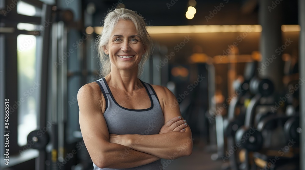 Fototapeta premium Middle Aged Eastern European Female Fitness Trainer Smiling Confidently at the Gym with Crossed Arms