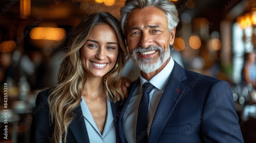 A businesswoman and a businessman smile for the camera in a restaurant A businesswoman and a businessman smile for the camera in a restaurant