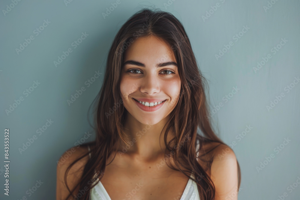 A close up portrait of a young woman with a subtle smile A close up portrait of a young woman with a subtle smile