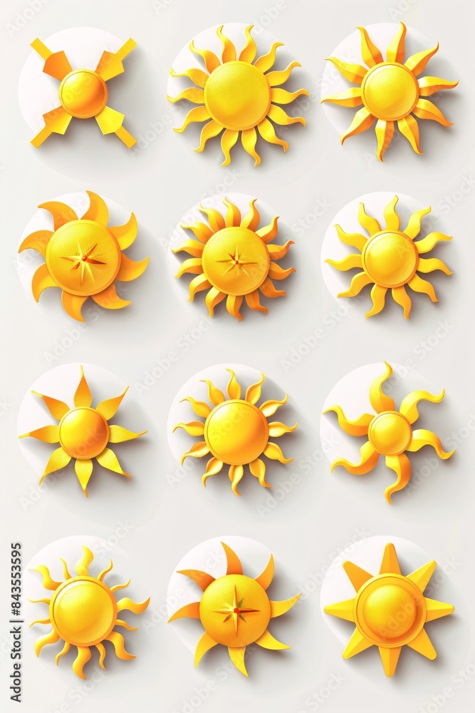 Bright 3D Sun Icons with Yellow Rays for Weather and Temperature Indication, Clear Sunny Day and Heat Symbol Vector Set Bright 3D Sun Icons with Yellow Rays for Weather and Temperature Indication, Clear Sunny Day and Heat Symbol Vector Set
