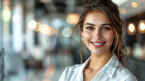 A woman smiles brightly in a cafe, with bokeh lights in the background