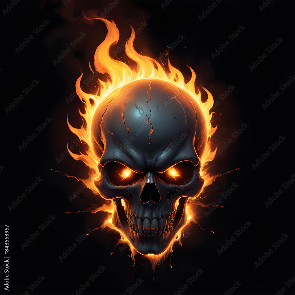 A fiery, demonic skull with glowing eyes and flames surrounding it, capturing a haunting and intense visual A fiery, demonic skull with glowing eyes and flames surrounding it, capturing a haunting and intense visual