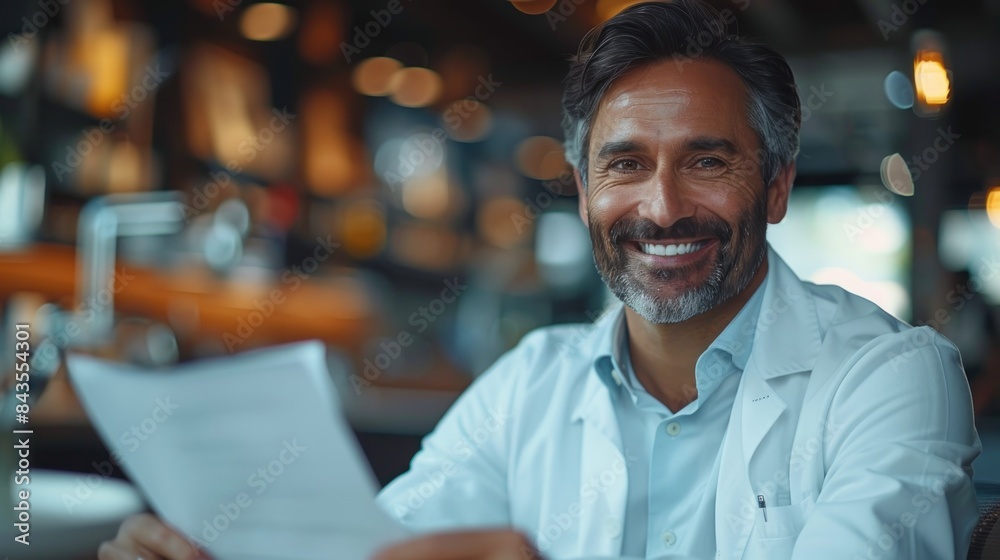 A man in a white lab coat smiles while holding papers in a restaurant A man in a white lab coat smiles while holding papers in a restaurant