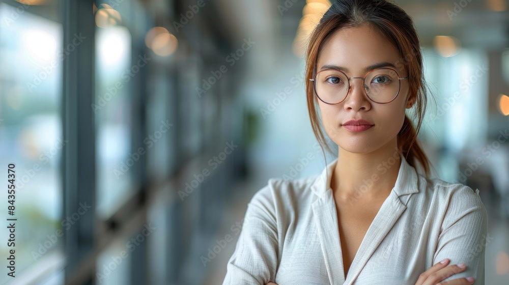 Portrait of a young woman in a white shirt, looking confidently at the camera with her arms crossed