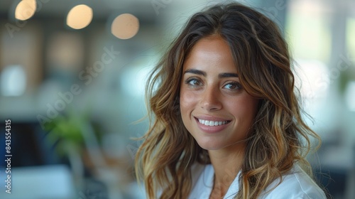 A woman with long brown hair smiles at the camera