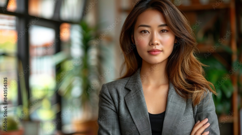 A young woman wearing a grey blazer stands confidently in an indoor setting A young woman wearing a grey blazer stands confidently in an indoor setting