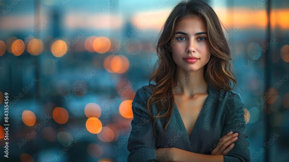 Obraz premium A young woman with long brown hair stands in front of a blurred city background at night