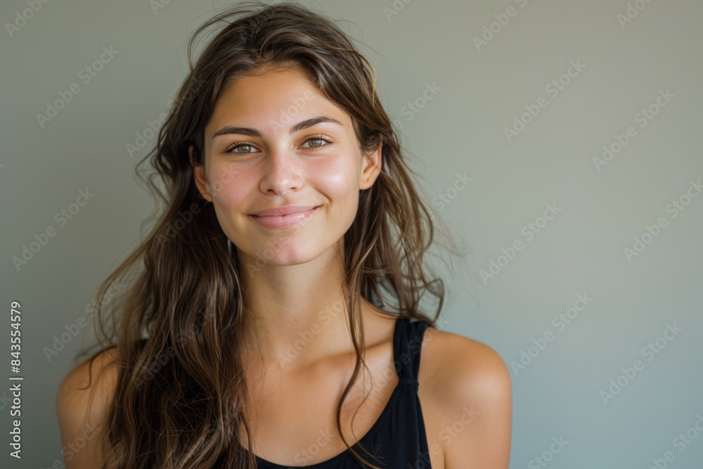 A close up portrait of a young woman with a subtle smile A close up portrait of a young woman with a subtle smile