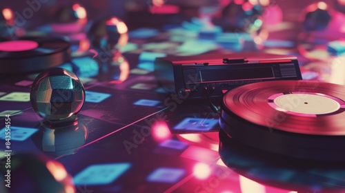 Rendering of vintage vinyl records and cassettes of 80s music scattered on a mirrored dance floor reflecting the flickering lights of a disco ball. ::3 retro ::3 --no text --ar 16:9 --quality 0.5 Job photo