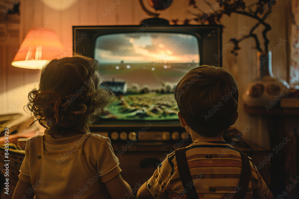 two children watching a television in a living room two children watching a television in a living room