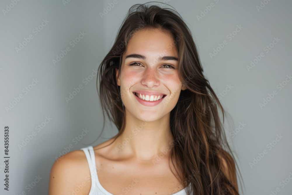 A close up portrait of a young woman with a subtle smile A close up portrait of a young woman with a subtle smile