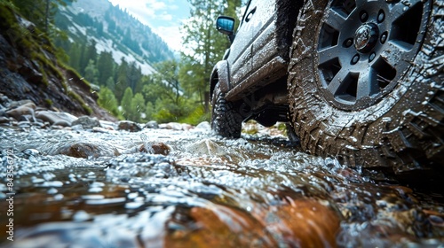 A dirty truck is driving through a muddy river