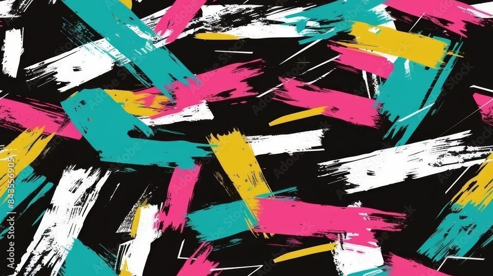 Fototapeta premium Colorful brushstroke pattern with black, teal, pink, and yellow on black background. Energetic and bold seamless pattern concept.