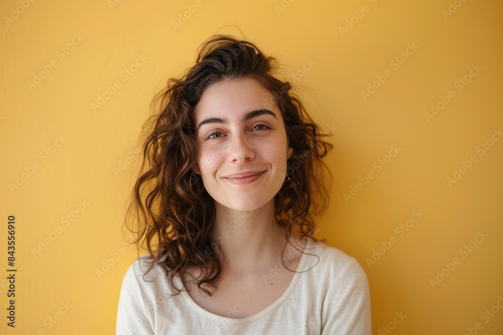 A close up portrait of a young woman with a subtle smile A close up portrait of a young woman with a subtle smile