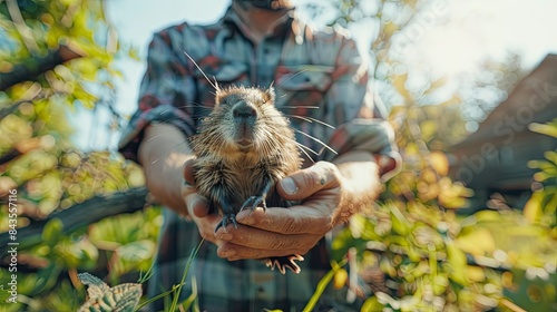the farmer holds a nutria in his hands. Selective focus photo