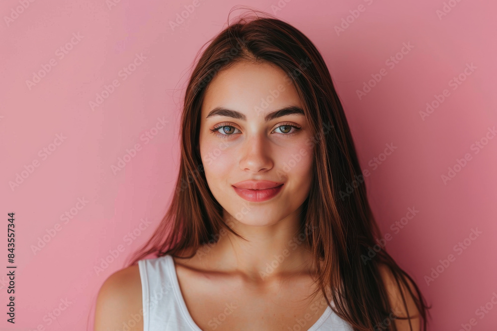 A close up portrait of a young woman with a subtle smile A close up portrait of a young woman with a subtle smile