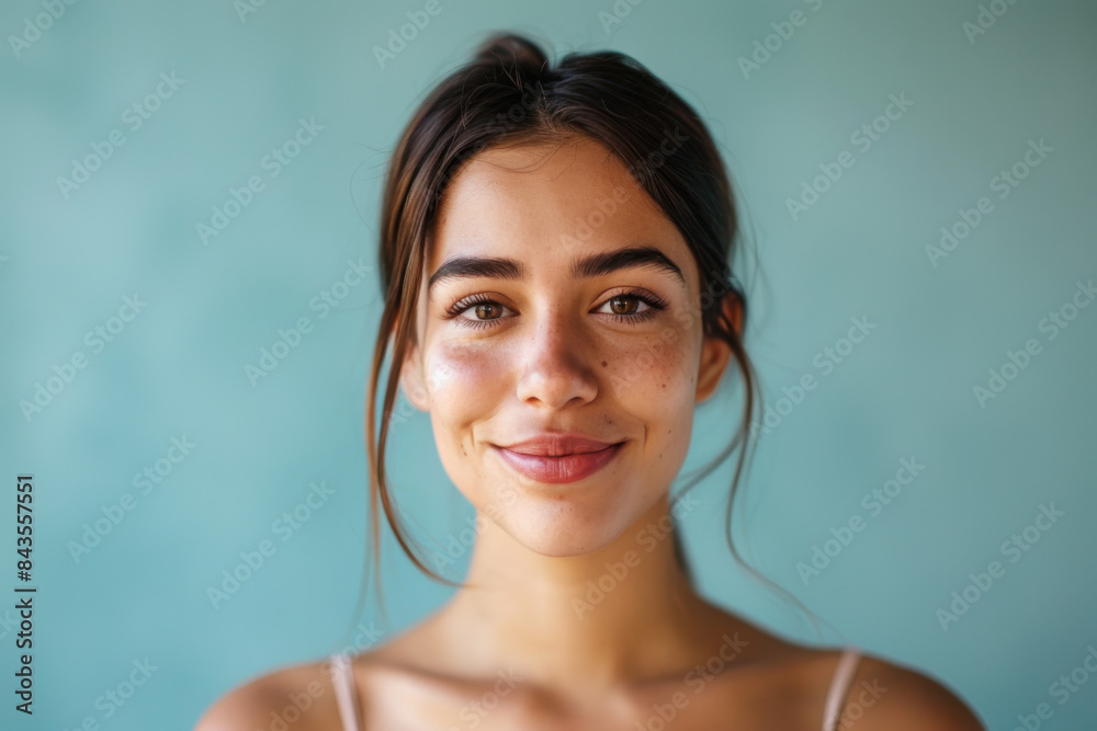A close up portrait of a young woman with a subtle smile A close up portrait of a young woman with a subtle smile