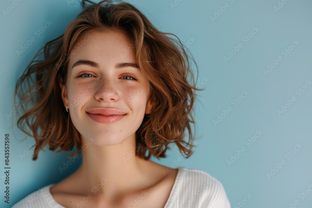 A close up portrait of a young woman with a subtle smile A close up portrait of a young woman with a subtle smile