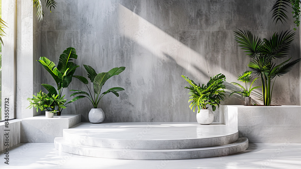 Interior of modern living room with concrete walls, concrete floor and plants in pots. 3d rendering