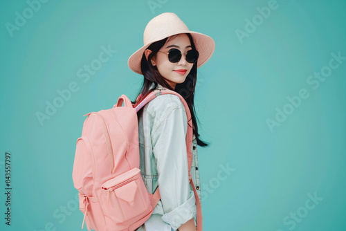 a woman wearing a hat and sunglasses with a backpack