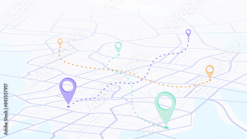 Isometric map with pins location on streets, marked with different colors. Pins connected by lines, as routes. Vector illustration