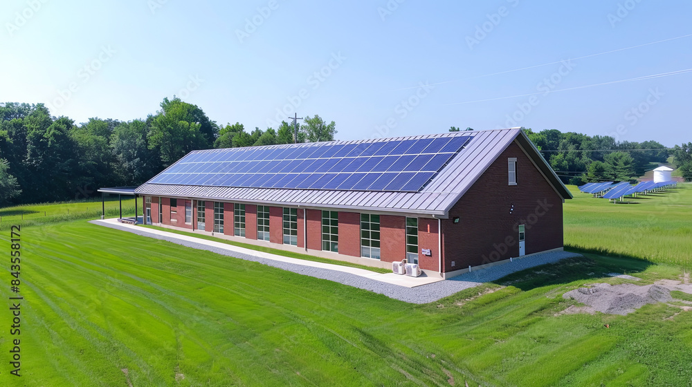 Obraz premium Solar panels installed on the roof of a modern building in the countryside, democratizing access to clean power