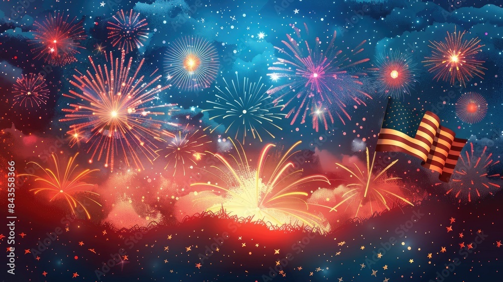 Fototapeta premium Celebrating Independence, Spectacular Fireworks Show Lighting Up Night Sky in the city