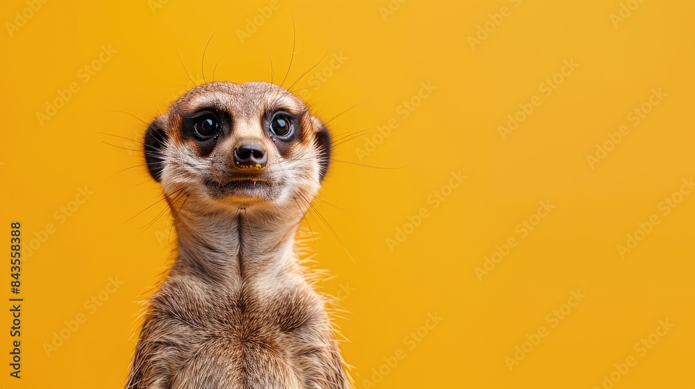 Curious Meerkat, Endearing and Alert Animal Portrait on Yellow Background Curious Meerkat, Endearing and Alert Animal Portrait on Yellow Background