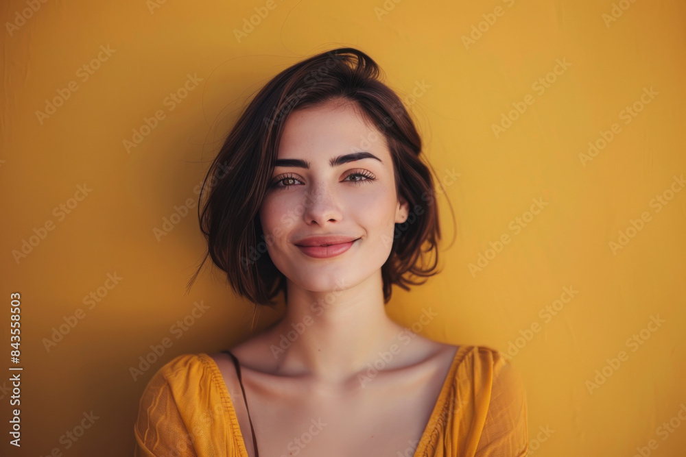 A close up portrait of a young woman with a subtle smile A close up portrait of a young woman with a subtle smile