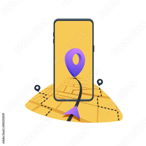 GPS navigation to the goal with online mobile application includes smartphone, road on the screen. Location with GPS map. Smartphone with pins marker. Vector illustration on white background