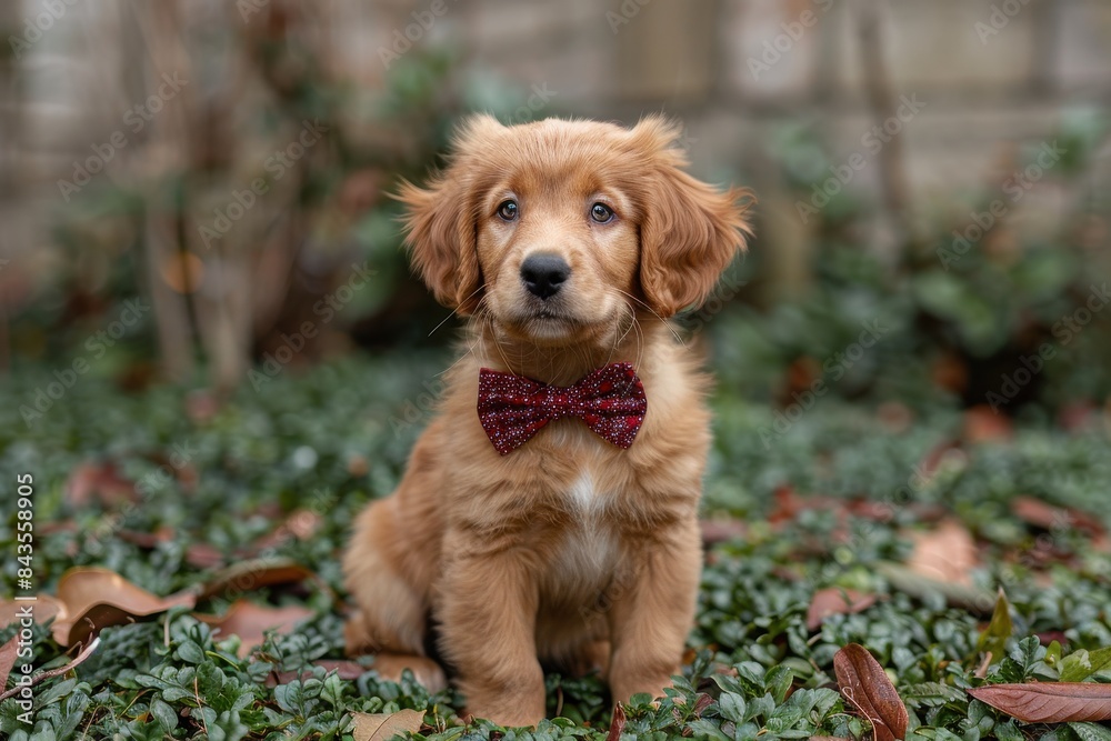 A fluffy golden retriever puppy sitting on a green lawn, wearing a red bow tie and looking up with big, curious eyes A fluffy golden retriever puppy sitting on a green lawn, wearing a red bow tie and looking up with big, curious eyes