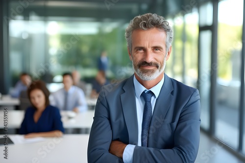 Executive Excellence: Middle-aged Manager Smiles for Corporate Portrait, Exemplifying Leadership, blurred background © Studio_art