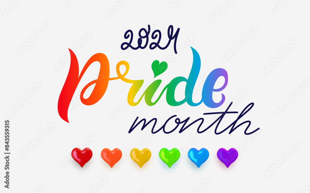 Obraz premium Happy pride month banner. Rainbow gradient color background. LGBTQ 2024 Pride. Vector illustration. Day love poster. Banner with typography and rainbow. Hearts retro colors. Pride month holiday.