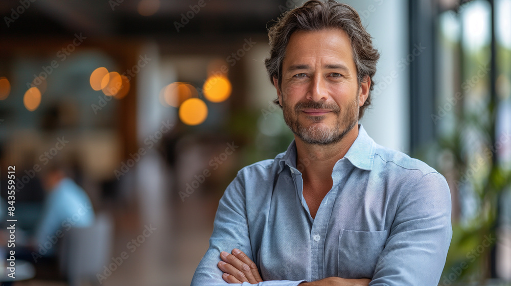 A confident CEO standing in front of a company logo. A confident CEO standing in front of a company logo.