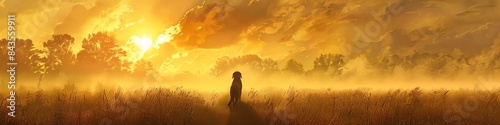 Beagle howling at dawn in a misty meadow, ethereal atmosphere, Mystical, Soft light, Watercolor