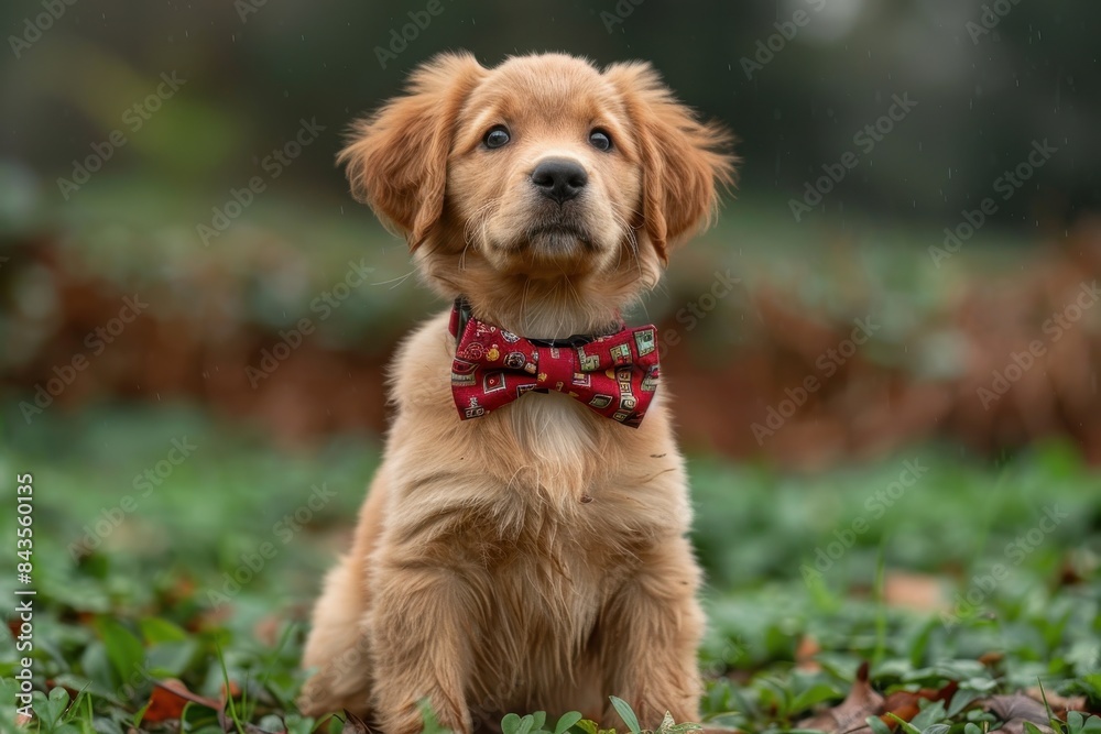 A fluffy golden retriever puppy sitting on a green lawn, wearing a red bow tie and looking up with big, curious eyes A fluffy golden retriever puppy sitting on a green lawn, wearing a red bow tie and looking up with big, curious eyes