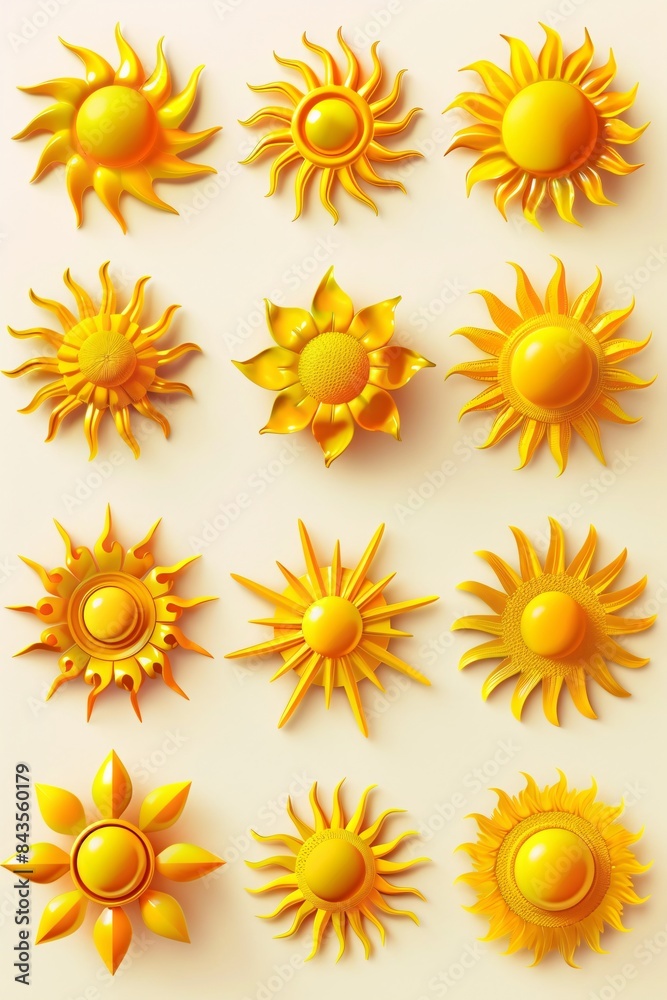 Bright 3D Sun Icons with Yellow Rays for Weather and Temperature Indication, Clear Sunny Day and Heat Symbol Vector Set Bright 3D Sun Icons with Yellow Rays for Weather and Temperature Indication, Clear Sunny Day and Heat Symbol Vector Set
