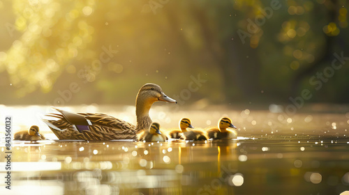 Mallard duck with ducklings swimming in a lake at sunset