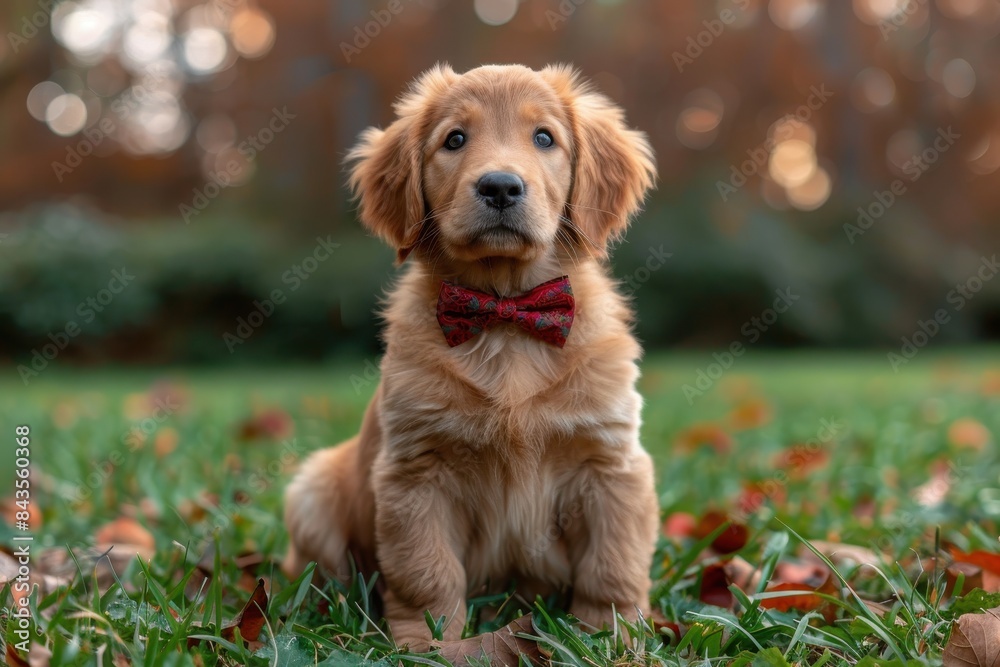 A fluffy golden retriever puppy sitting on a green lawn, wearing a red bow tie and looking up with big, curious eyes A fluffy golden retriever puppy sitting on a green lawn, wearing a red bow tie and looking up with big, curious eyes
