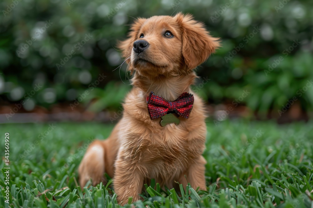 A fluffy golden retriever puppy sitting on a green lawn, wearing a red bow tie and looking up with big, curious eyes A fluffy golden retriever puppy sitting on a green lawn, wearing a red bow tie and looking up with big, curious eyes