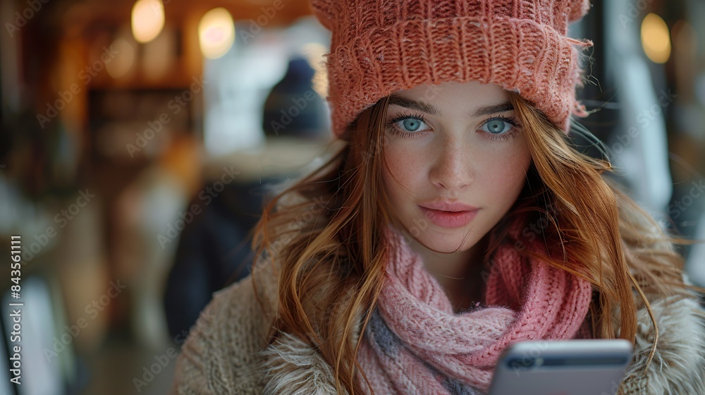 Young Woman in Winter Clothing Using Smartphone in Cafe
