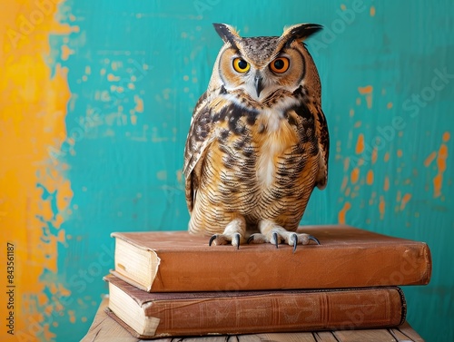 A large owl is perched on top of a stack of books