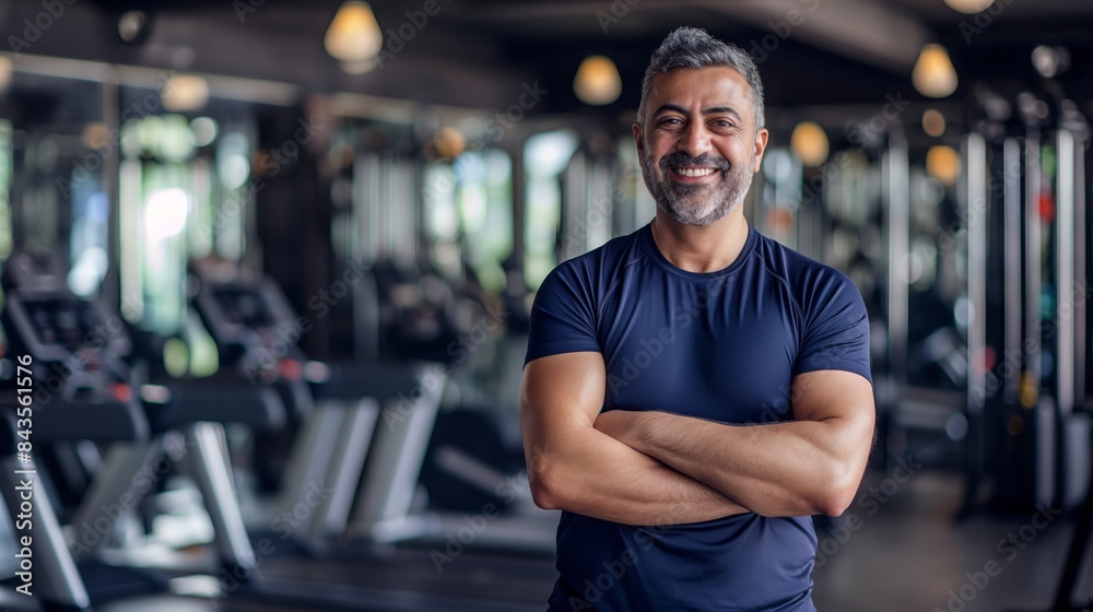 Middle-Aged Male Fitness Trainer in a Modern Gym, Health and Wellness, Pakistani Origin, Design for Fitness Promotion Middle-Aged Male Fitness Trainer in a Modern Gym, Health and Wellness, Pakistani Origin, Design for Fitness Promotion