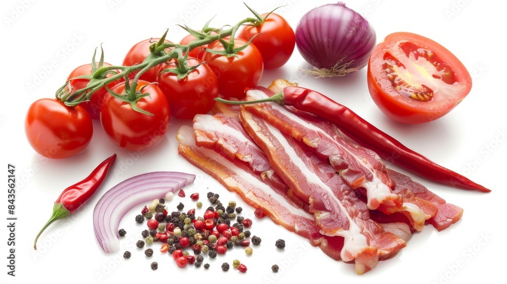 Fresh tomatoes, bacon strips, chili pepper, onion, and assorted peppercorns laid on white background. Perfect for culinary and cooking themes. Fresh tomatoes, bacon strips, chili pepper, onion, and assorted peppercorns laid on white background. Perfect for culinary and cooking themes.