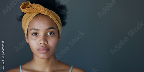 Confident woman portrait on electric blue background, a young woman with a headband on her head
 photo