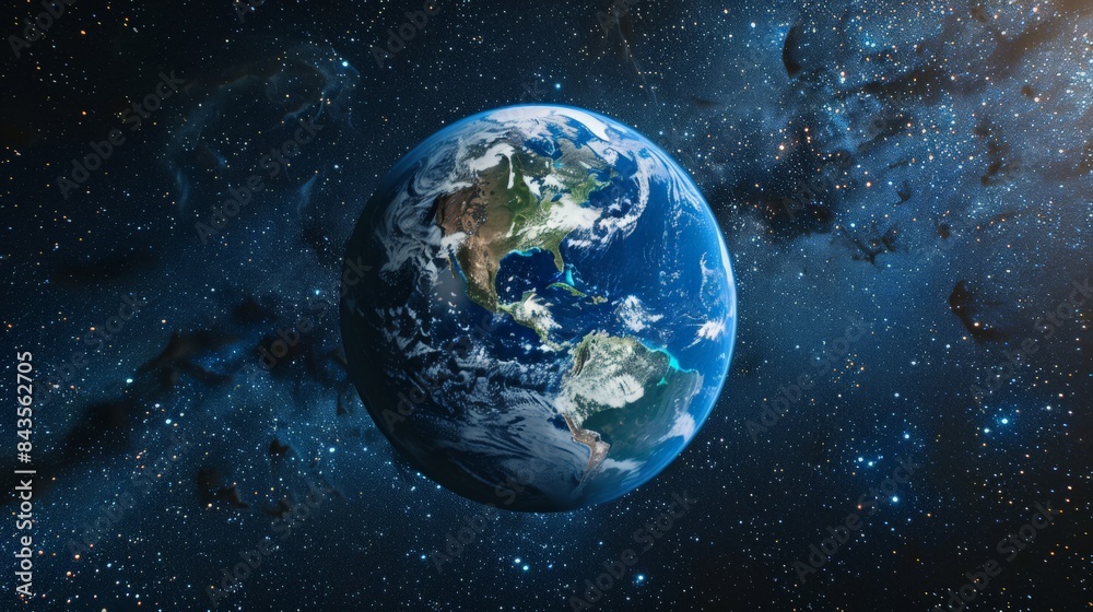 Obraz premium Incredible view of Earth from space showing North and South America. Beautiful cosmic backdrop filled with stars. Perfect for educational and environmental content